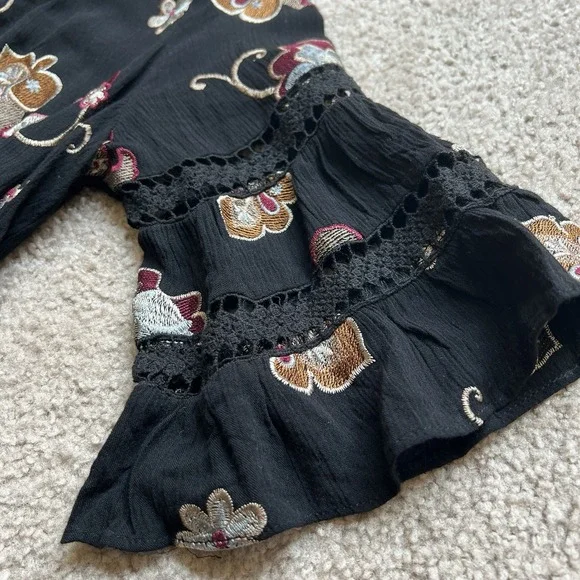 Anthropologie‎ Eri Ali Black Short Dress Embroidered Flowers Ruffled Sleeves M - Picture 4 of 10
